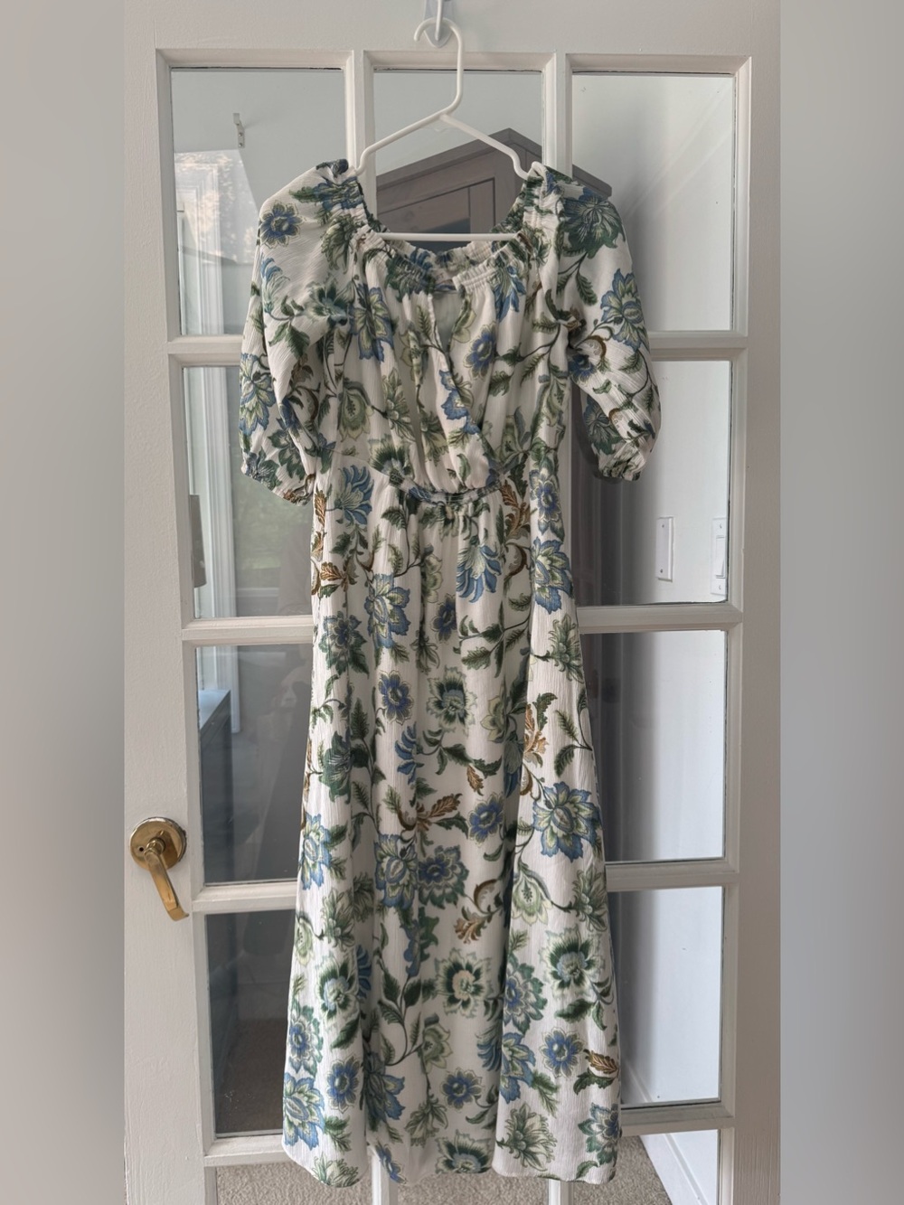 Loft White Floral Midi Dress with Blue & Green Print Size 6P